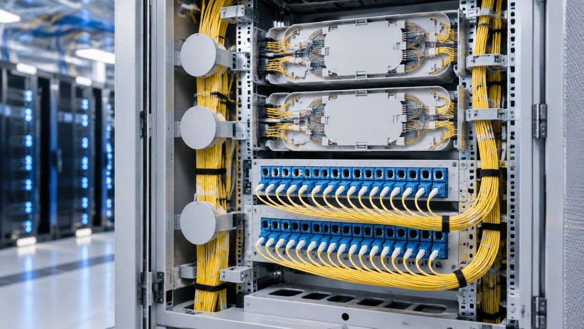 Internal splice trays and cable routing management inside a fiber optic distribution frame.